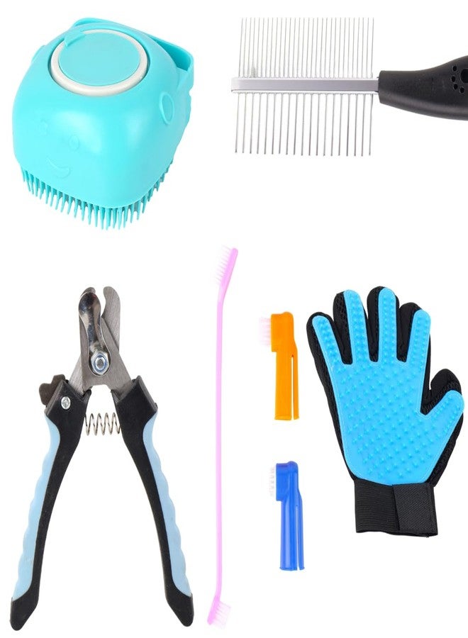 مجموعة أدوات العناية بالحيوانات الأليفة، طقم فرشاة للكلاب مكون من 5 قطع مع فرشاة تدليك سيليكون، وقفاز لإزالة الشعر الزائد، ومقص أظافر، ومشط معدني، وفرش أسنان للكلاب، أزرق - Image 1